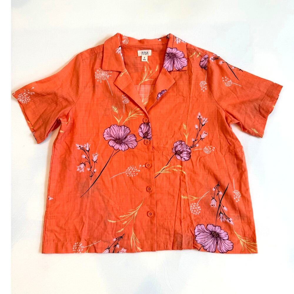 a.n.a Women's Size Small Orange Floral Camp Shirt Short Sleeve Linen Look